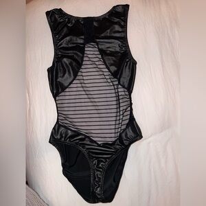 Sexy black leatherette & mesh bodysuit cosplay lingerie costume